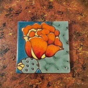CARLY QUINN DESIGNS 4” TILE COASTER ORANGE CACTUS FLOWER CORKED BACK EUC